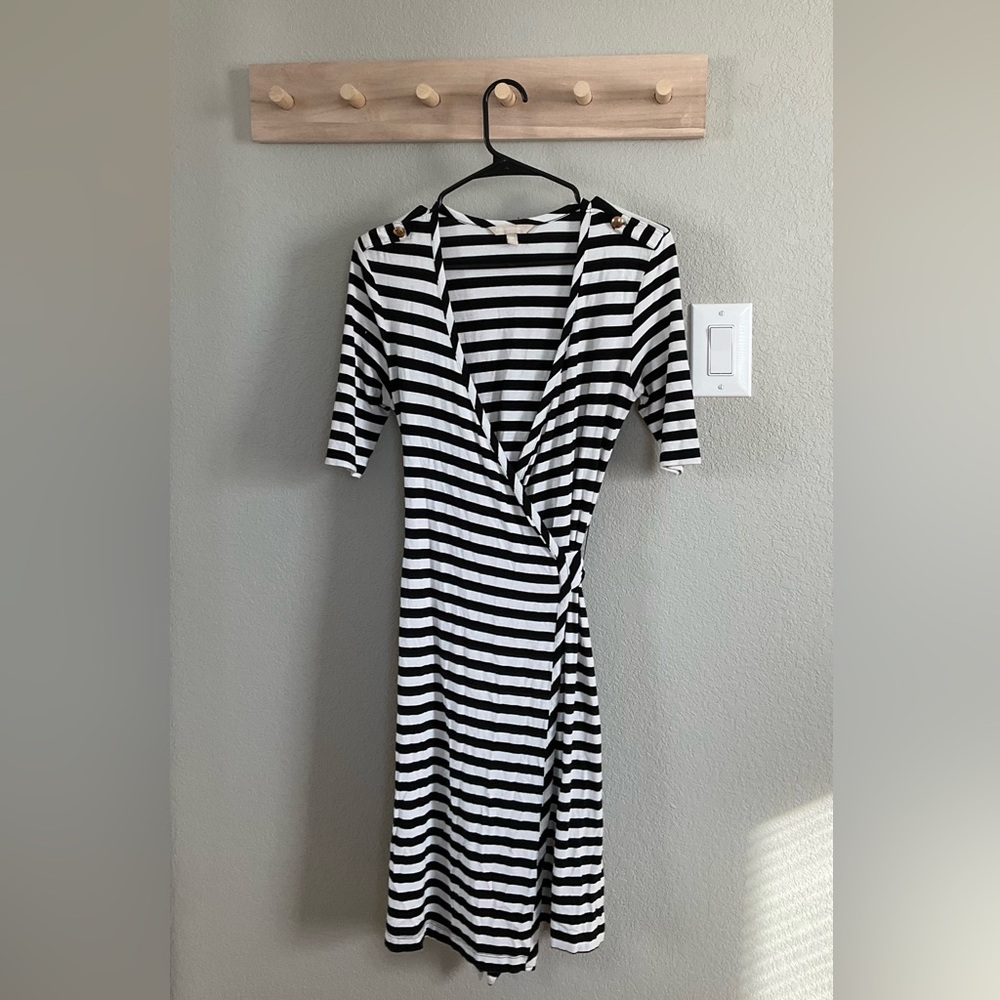 Black and White Striped Wrap Around Dress